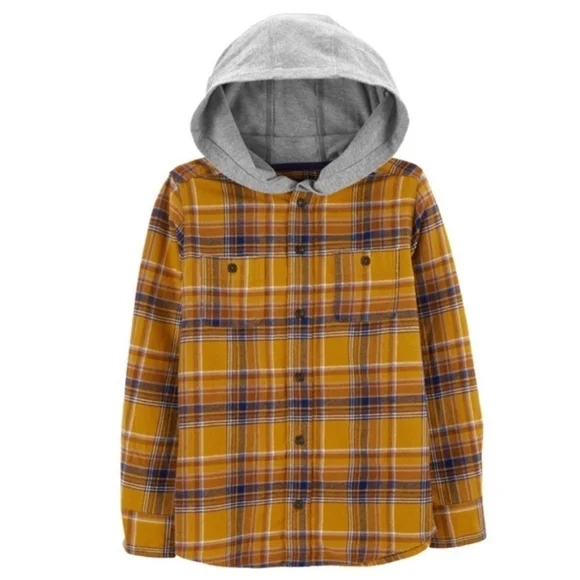 NWT Oshkosh B'gosh Plaid Hooded Kids Shirt - Yellow and Gray