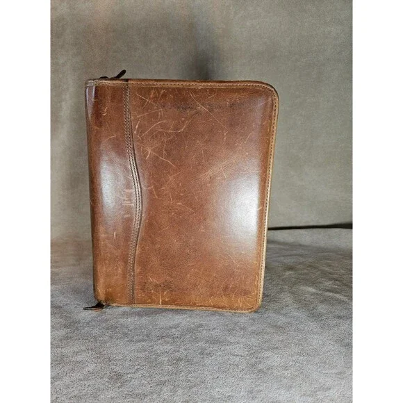 Day Timer Planner Brown Genuine Leather Organizer Binder Zip 7 Rings 10.5
