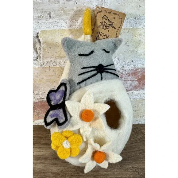 Felted Wool Birdhouse Cat Lover Gift Butterfly Bird Cozy Handmade Indoor Outdoor