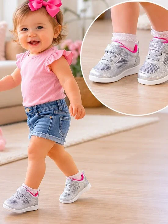 Carter’s Toddler Girl Sneakers Silver Glitter Shoes Size 4M Baby Walking