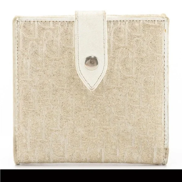 Christian Dior Metallic Gold Monogram Canvas White Leather Wallet Authentic