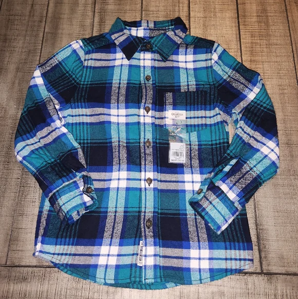 NWT Oshkosh B'gosh Teal Navy Plaid Flannel Button-Front Shirt