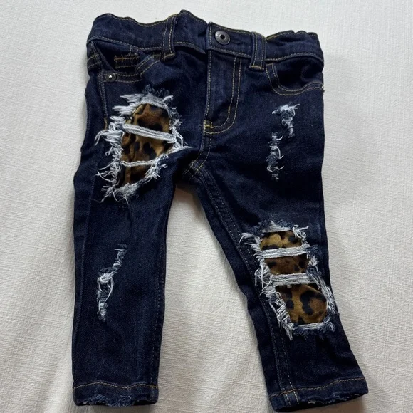 OshKosh B'gosh Dark Blue Distressed Jeans with Leopard Accents
