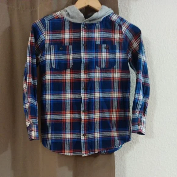 Boys OshKosh B'gosh Plaid Long Sleeve Shirt With Hood Size 12