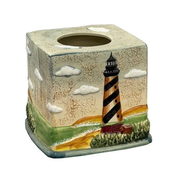Lighthouse Tissue Box Cover Ceramic 3D Beach Nautical Coastal