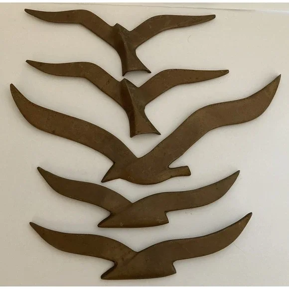 Vintage Solid Brass Bird Flying Seagulls Wall Hanging Set of 5 Made in India