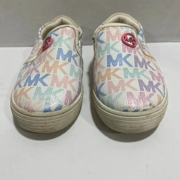 Michael Kors baby girl size 6 slip on multicolored shoes MK logo pattern. SKU473