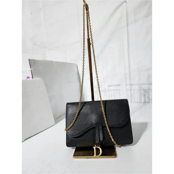 CHRISTIAN DIOR Grained Calfskin Wallet on Chain Black