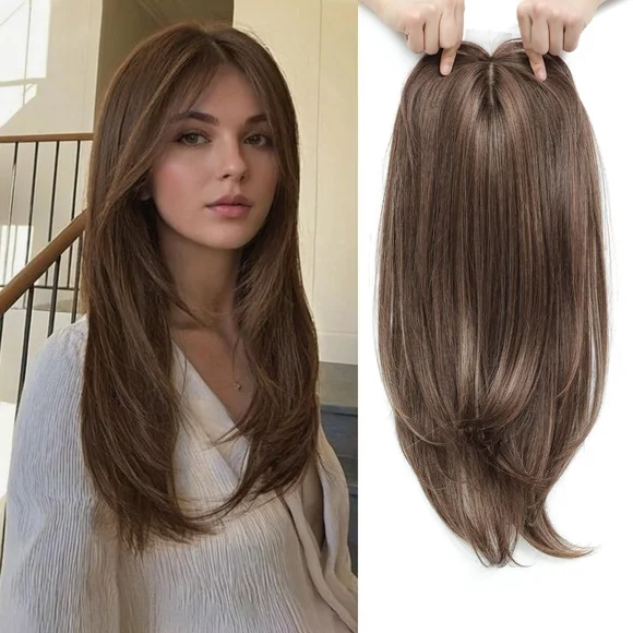 18” Long Layered Hair Topper, Brown with Ash Highlights, Synthetic‎ Volume Piece