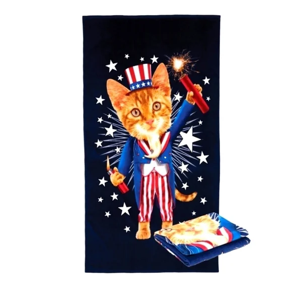 NWT Spirit of America Cotton Blend Firework Cat Patriotic beach towel, 34 × 64'