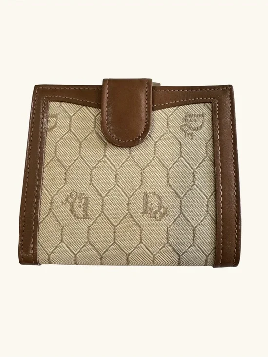 VTG Christian Dior Paris New York Top Grain Cowhide Kiss Lock Wallet Beige Brown