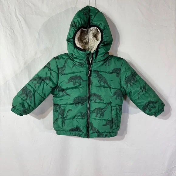 Osh Kosh Bgosh Jacket Baby‎ 12M Green Dinosaur Sherpa Lined Puffer Hooded