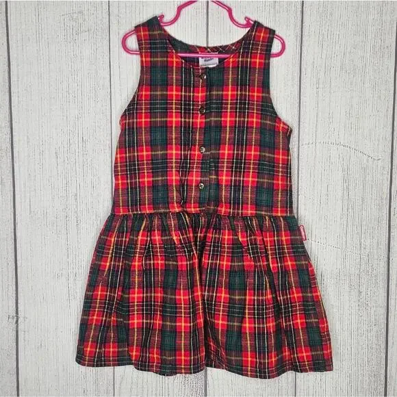 VTG 90s OshKosh B'gosh Red & Green Plaid Flannel Dress, size 5