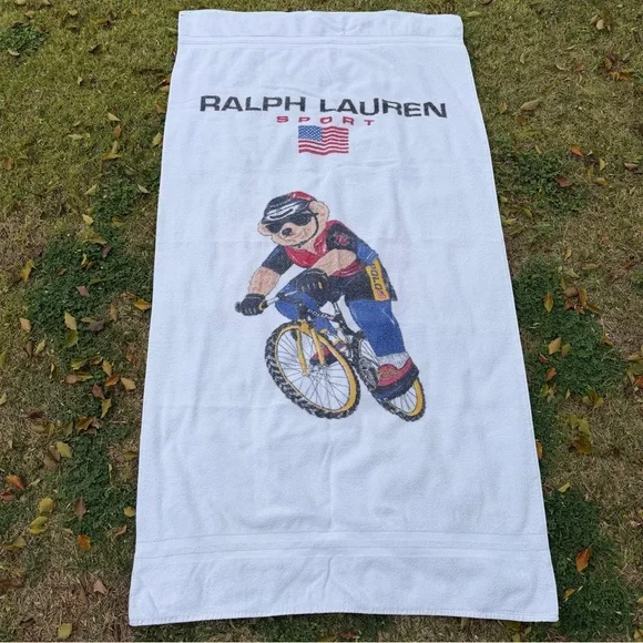 VTG Ralph Lauren Sport Cyclist Bear Oversized 100% Cotton Beach Towel 36x68 USA