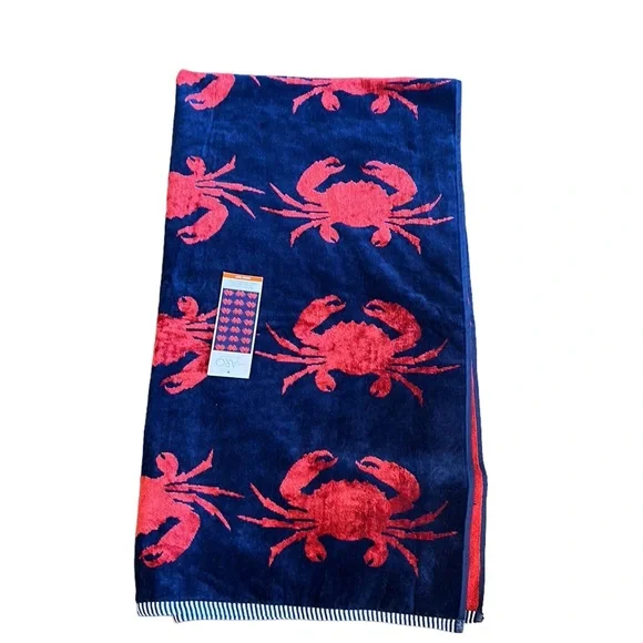 CARO Home Beach Towel Cotton Viscose Crab print Blue red 36”x68”