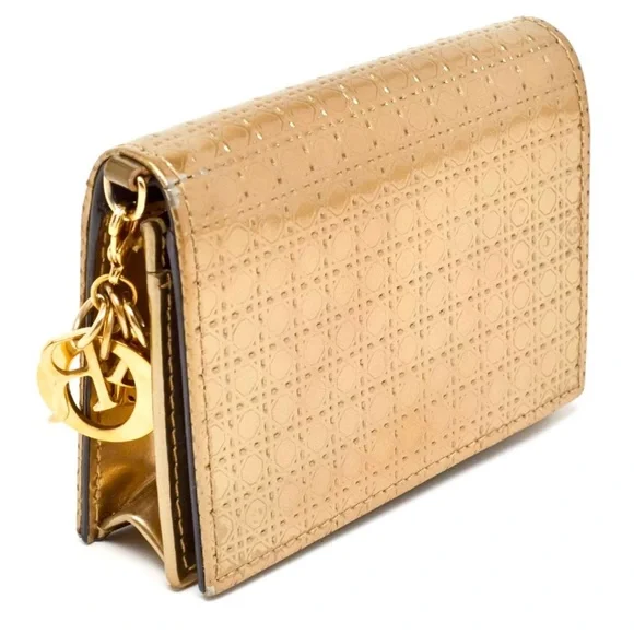 RARE Dior Gold Micro Cannage Lady Dior Patent Leather Card Holder w/Box & Dusty