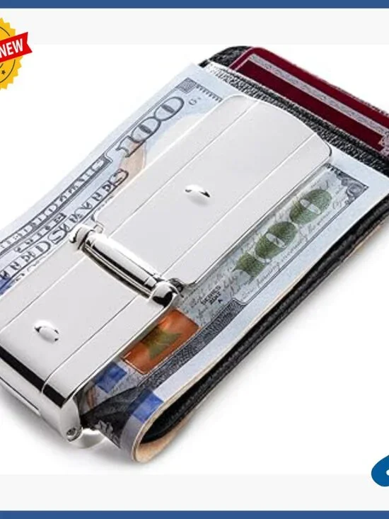 Silver Money Clip with Leather Wallet RFID Blocking Minimalist Design