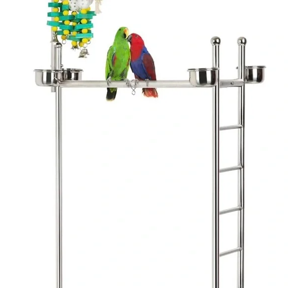 Stainless Steel Bird Activity Stand with Ladder food bowls