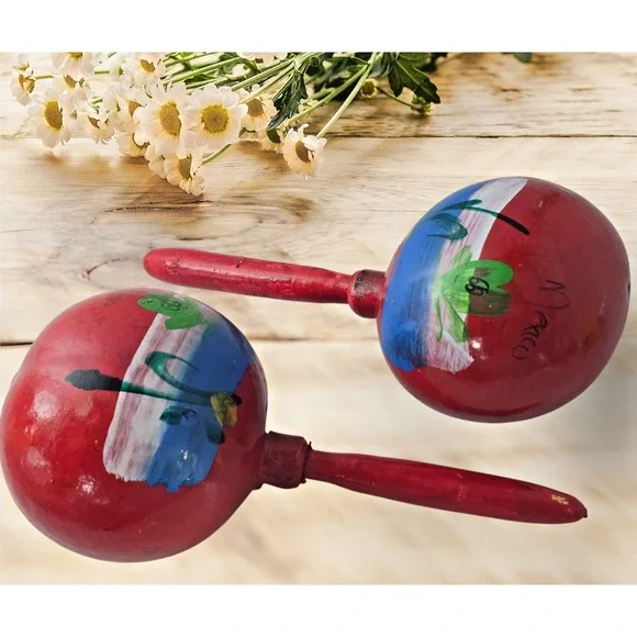 Set of 2 Large Vintage Mexican Carved and Painted Wooden Maracas 7.5