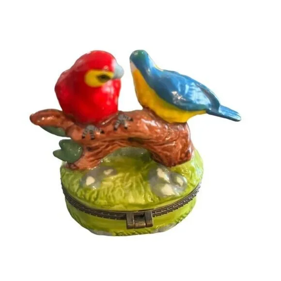 Vintage Trinket Box Green Perching‎ Parrots with Painted Branch