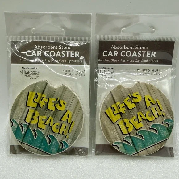 Highland Home Absorbent Stone Car Coasters Life's A Beach Lot of 2