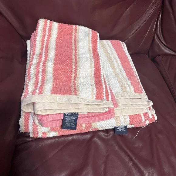 NAUTICA LAKEVIEW CORAL & TAN WHITE STRIPE 4 Piece HAND Cloth & Bath Beach Towel