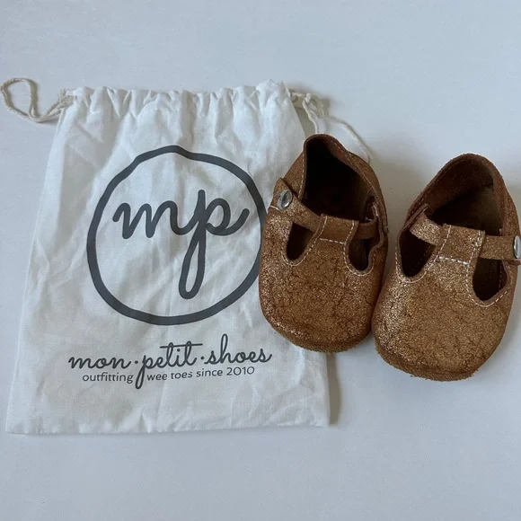 Size‎ 5 HOLIDAY SHIMMER Gold T-Straps Leather Soft Soled Baby Mon Petit Shoes