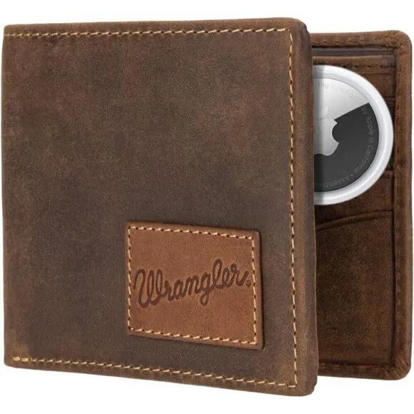 🆕Men Brown Bifold Slim RFID Blocking Wallet with Stealth AirTag Holder Genuine