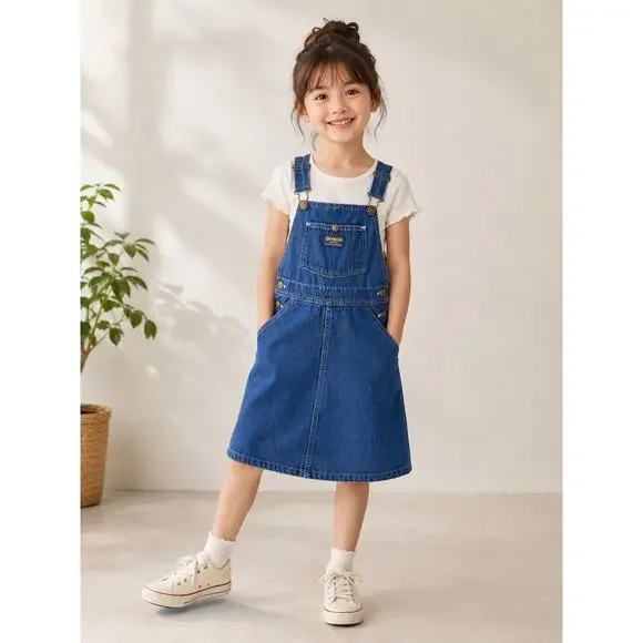 VTG OshKosh B’Gosh Girls Denim Jumper Blue Wide Leg Overalls USA Made Sz 6/7
