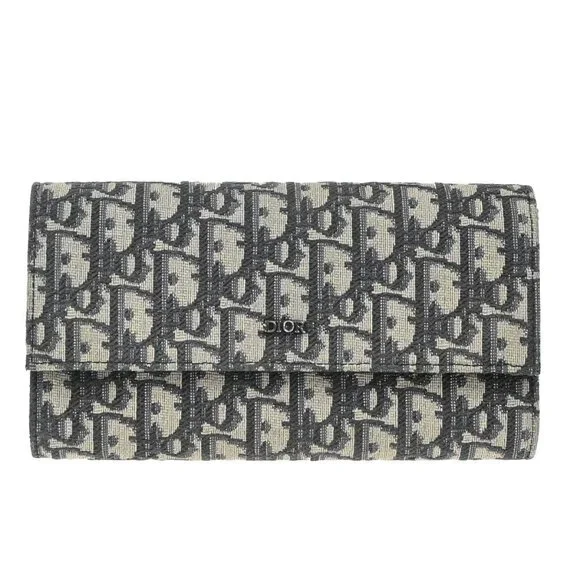 CHRISTIAN DIOR Logo Trotter Oblique Long Wallet Jacquard Leather Blue 81EG317