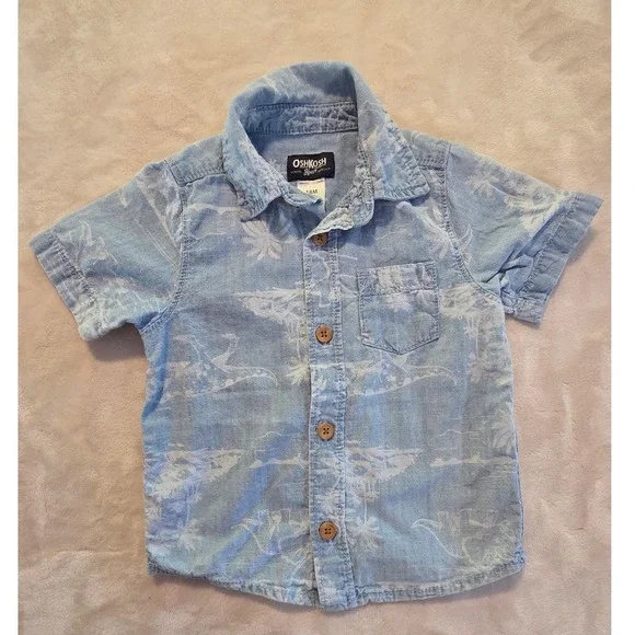 OshKosh B'gosh 18M 100% Cotton Blue Tropical Dinosaur Button Down Shirt‎