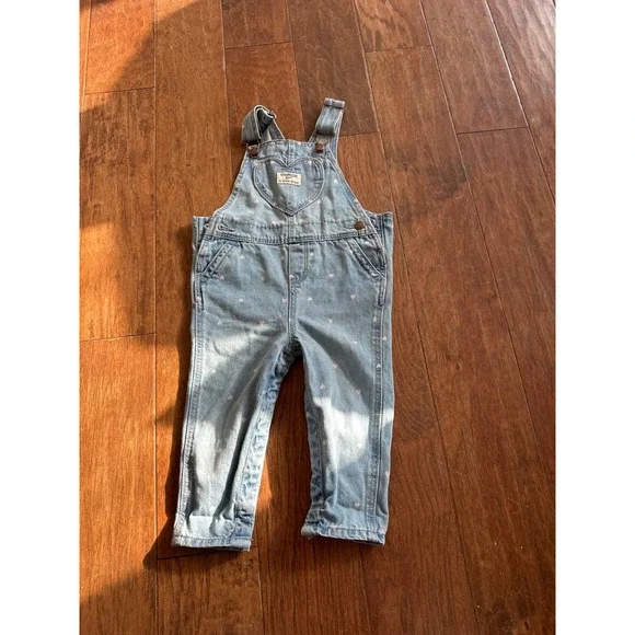 OshKosh B'gosh Denim Heart Print Overalls Baby Girl 18 Months‎