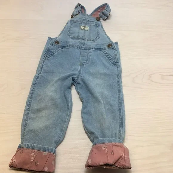 Oshkosh B'Gosh Vestbak Denim Overalls Girls 3T Floral Trim Cuffs