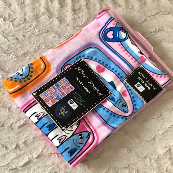 Betsey Johnson Pink Blue SARDINES Fish Print Beach Towel