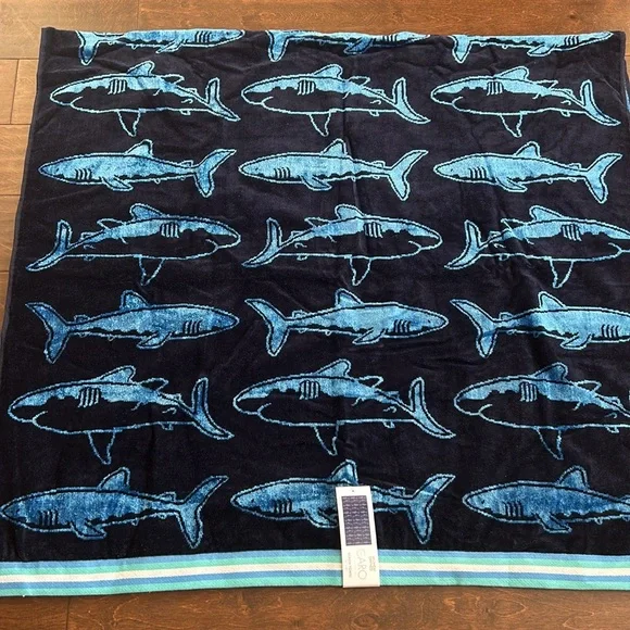 Caro Beach Towel Blue White New Cotton 36”x68” Whales Fishes