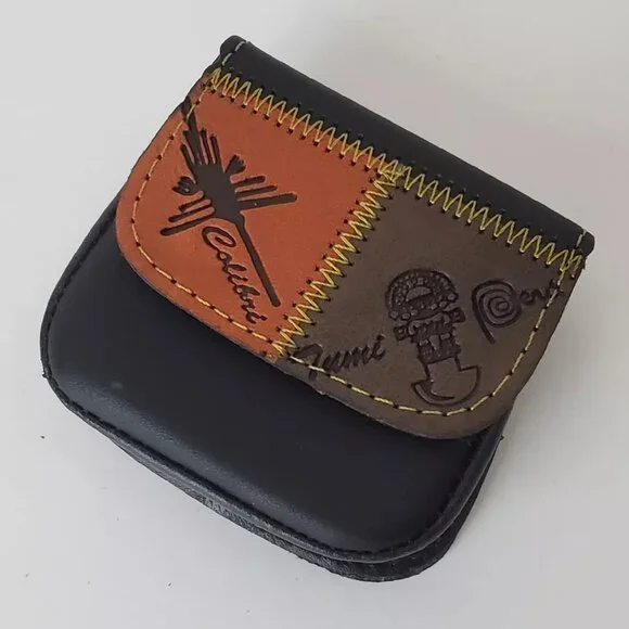 PERUVIAN GENUINE LEATHER PURSE COINS MEN'S WOMEN'S EMBOSSED LOGO DESIGN WALLET