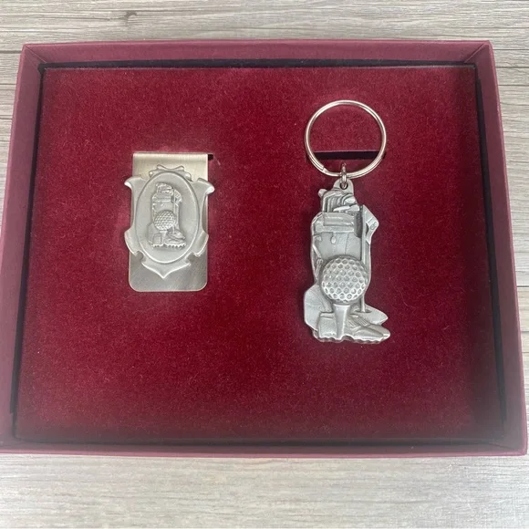 Fine American Pewter Golf Monkey Clip and Keychain Set, Vintage 1994.