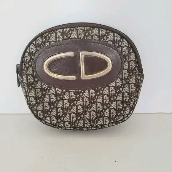 Auth Christian Dior Monogram Mini Zip Brown Small Coin Wallet Compact Retro 90s