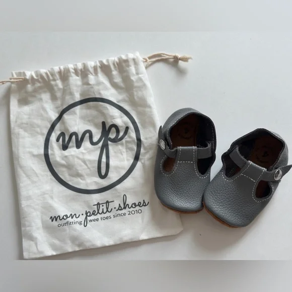 Mon Petit STORM Gray Size 4 MP T-Straps Shoes Baby Handmade Leather‎