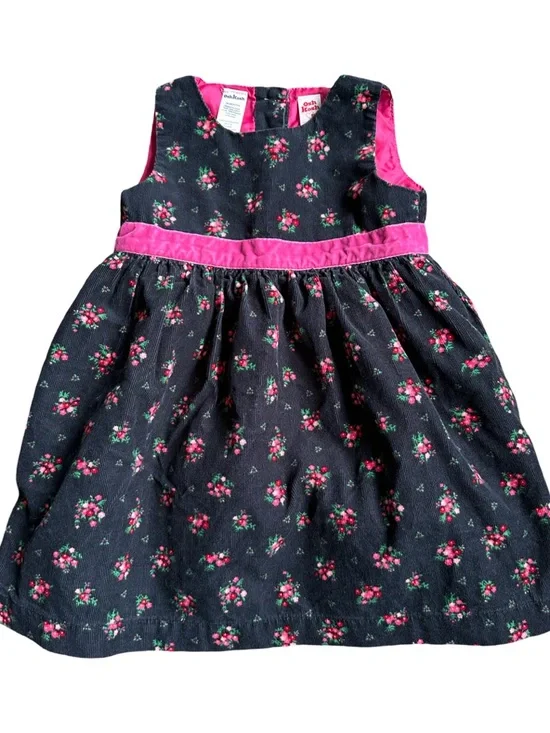 OshKosh B'gosh Black Pink Floral Corduroy Dress Size 18 Months EUC