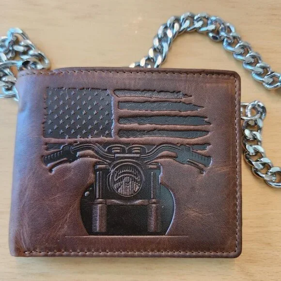 Patriotic Biker Wallet with Chain for Men - Distressed Brown Leather Wallet