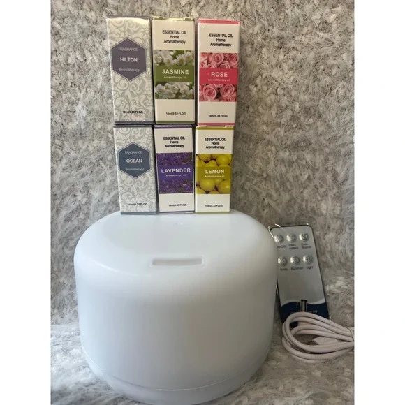 Essential Oil Diffuser with Remote and 6 Aromatherapy Oils Set White Humidifier