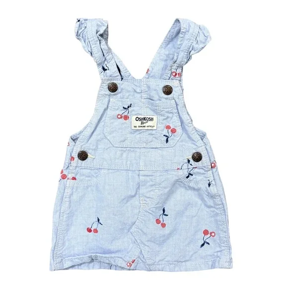 OshKosh Bgosh Baby Girl Blue Seersucker Cherry Print Overall Jumper Dress 6M