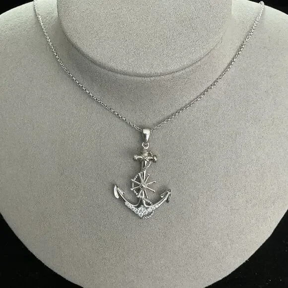 Beautiful Genuine Moissanite Anchor Pendant Necklace Solid 925 Sterling Silver