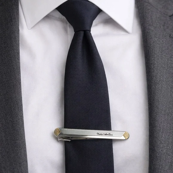 Mario Valentino Vintage Style Tie Clip Silver Gold Dress Accessory