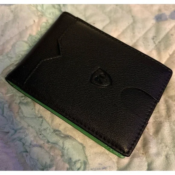 NEW Men's‎ Minimalist Slim Black Faux Leather & Green Wallet w/ Money Clip