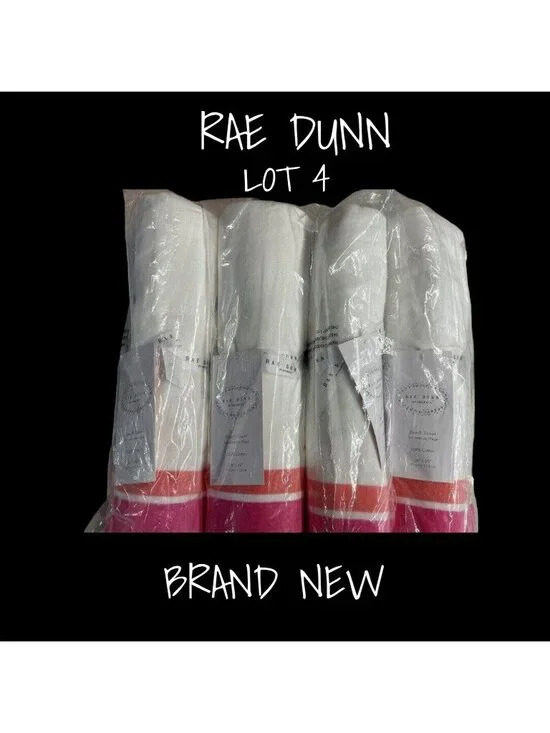Rae Dunn Beach Towels Lot of 4 - White & Pink 36x68, New with Tag