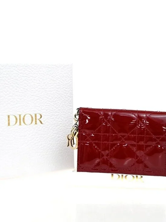 CHRISTIAN DIOR Cannage Mini Lady Dior Gardenia Wallet Patent Leather Red 80RL584
