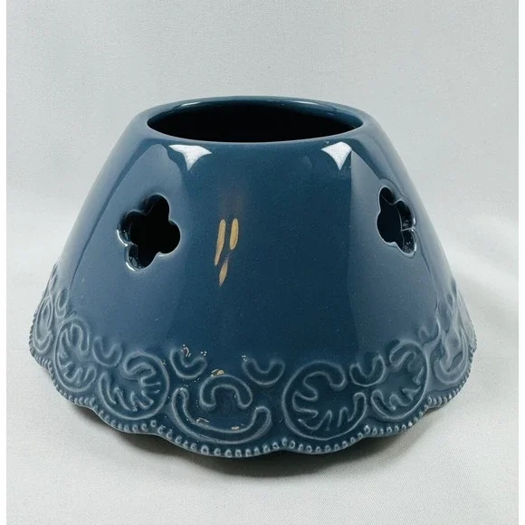Yankee Candle Blue Ceramic Tart Warmer Lantern Style Cutout Scroll Trim