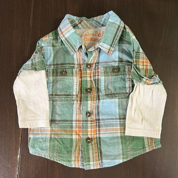 OshKosh B'gosh Genuine Baby Plaid Shirt Layered Sleeve Boys‎ 6M Cotton